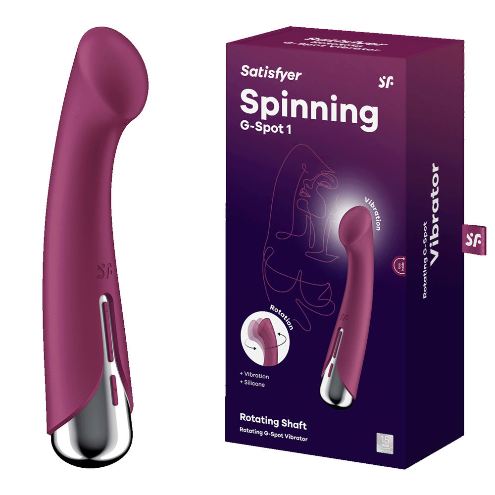 Satisfyer Spinning G-Spot 1 -  -  16.5 cm USB Rechargeable Rotating Vibrator with packaging, showcasing its design and features.