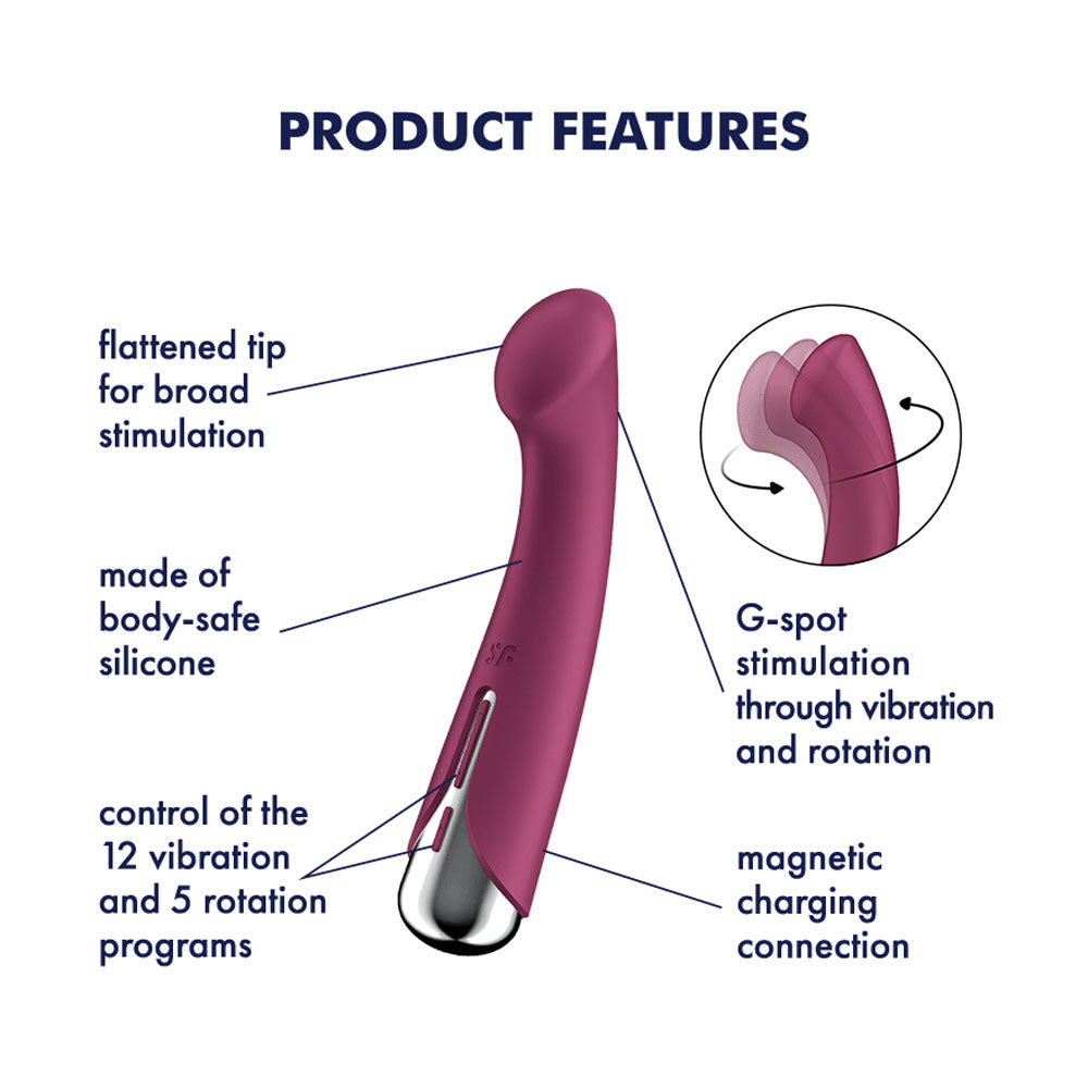 Product features of Satisfyer Spinning G-Spot 1 -  -  16.5 cm USB Rechargeable Rotating Vibrator, highlighting materials and functions.