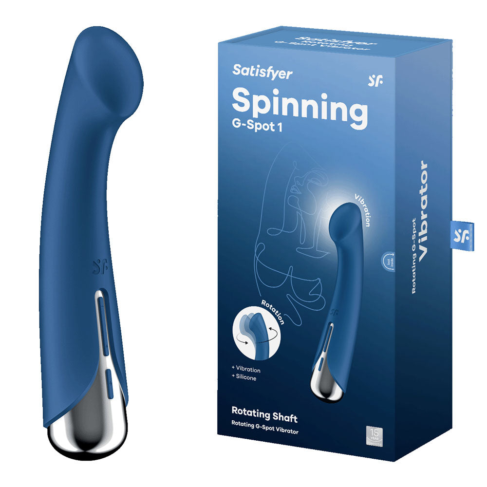 Satisfyer Spinning G-Spot 1 -  -  16.5 cm USB Rechargeable Rotating Vibrator next to its packaging, showcasing design and features.