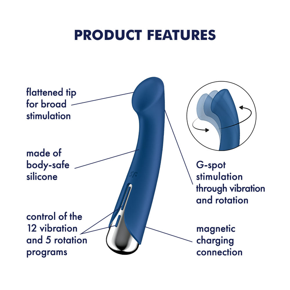 Product features of the Satisfyer Spinning G-Spot 1 -  -  16.5 cm USB Rechargeable Rotating Vibrator including silicone body and G-spot stimulation.