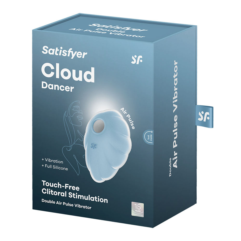 Satisfyer Cloud Dancer -  -  USB Rechargeable Vibrating Air Pulse Stimulator packaging with description of its features.