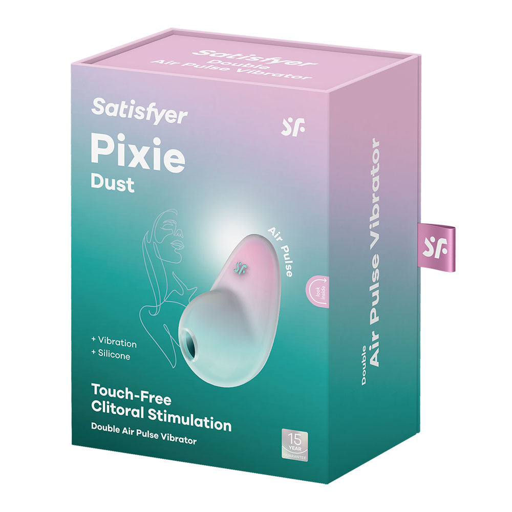 Satisfyer Pixie Dust - Mint/Pink - Mint/Pink USB Rechargeable Vibrating Air Pulse Stimulator packaging with clitoral stimulation details.