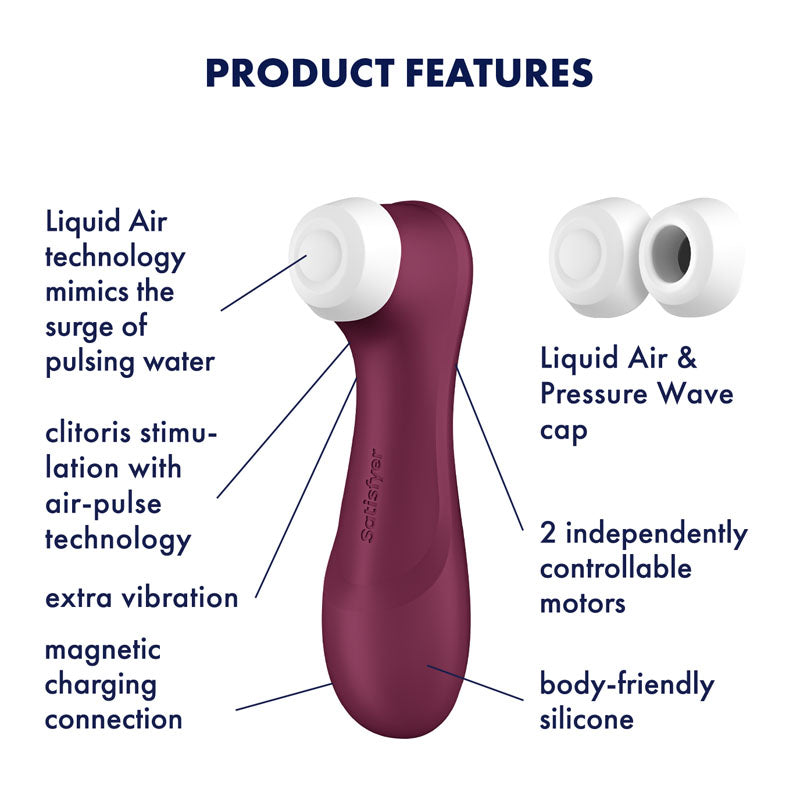 Product features of Satisfyer Pro 2 Generation 3 - Wine - Wine Touch-Free USB-Rechargeable Clitoral Stimulator with infographic.