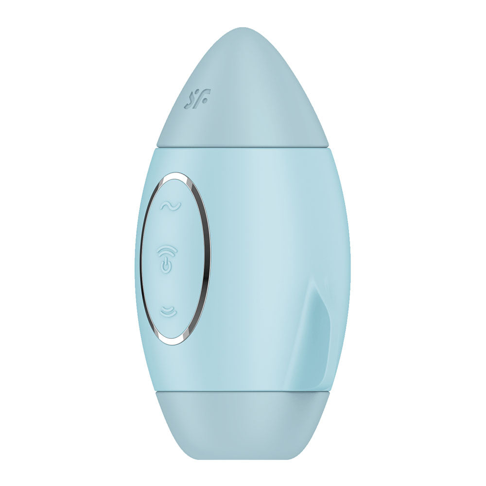 Satisfyer Mission Control -  -  USB Rechargeable Vibrating Air Pulse Stimulator in light blue color.