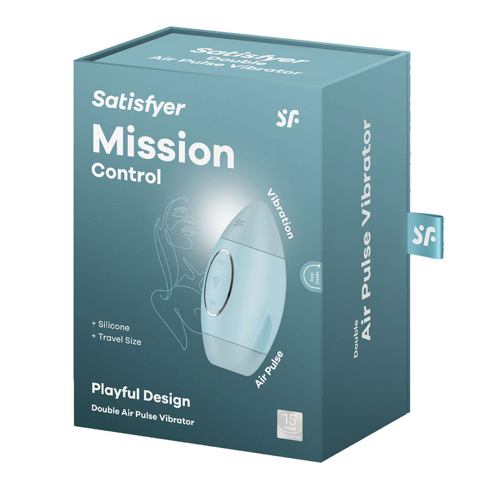 Satisfyer Mission Control -  -  USB Rechargeable Vibrating Air Pulse Stimulator packaging showcasing playful design and features.