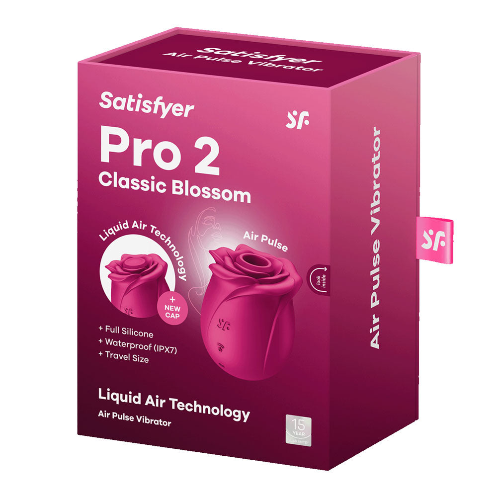 Satisfyer Pro 2 Classic Blossom - USB Rechargeable Air Pulse Rose Stimulator packaging with Liquid Air Technology