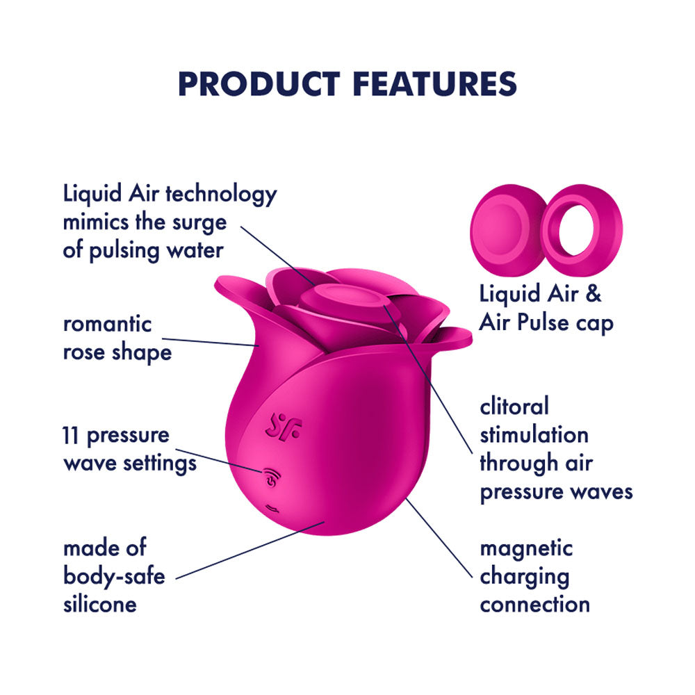 Satisfyer Pro 2 Modern Blossom - Modern USB Rechargeable Air Pulse Rose Stimulator product features, including rose shape and 11 pressure wave settings.
