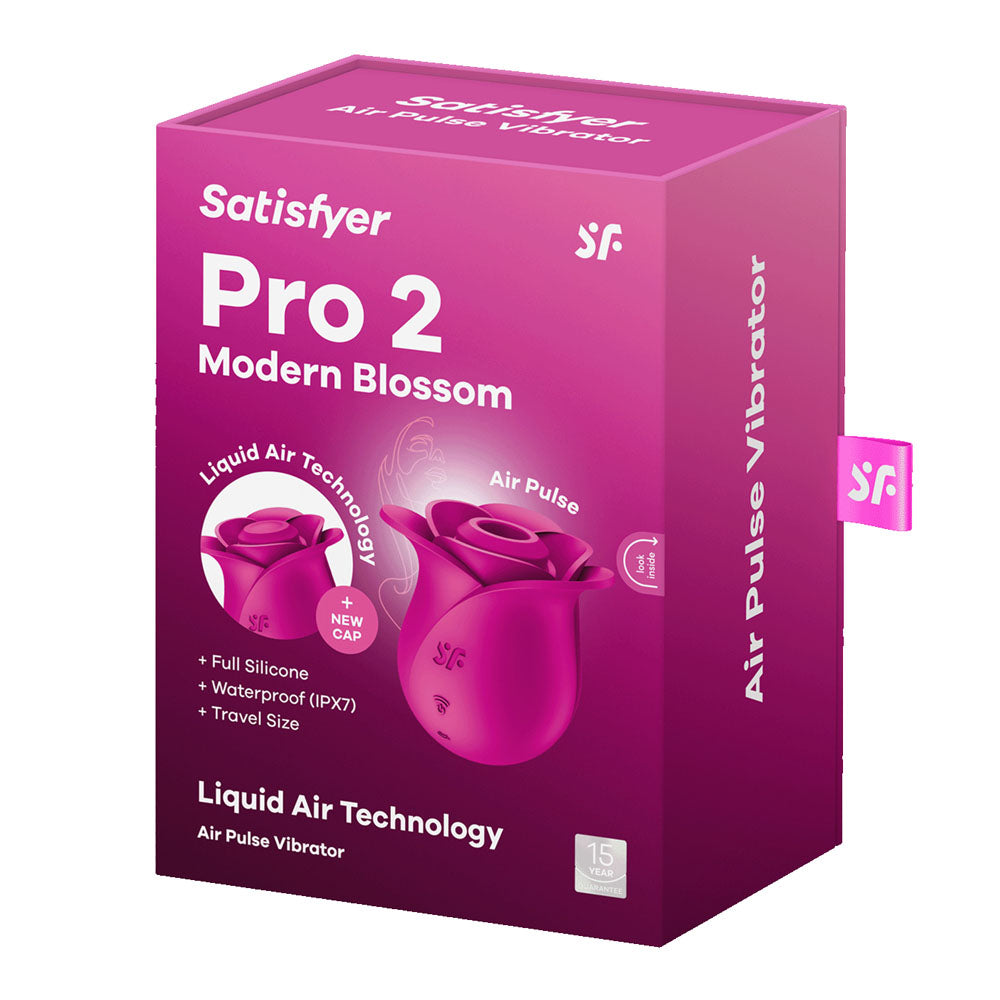 Satisfyer Pro 2 Modern Blossom - Modern  USB Rechargeable Air Pulse Rose Stimulator packaging with features listed.