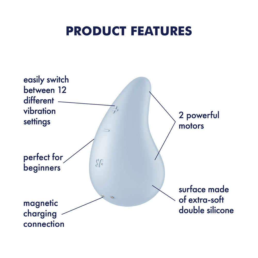 Satisfyer Dew Drop - Light  USB Rechargeable Stimulator features, including powerful motors and 12 vibration settings.