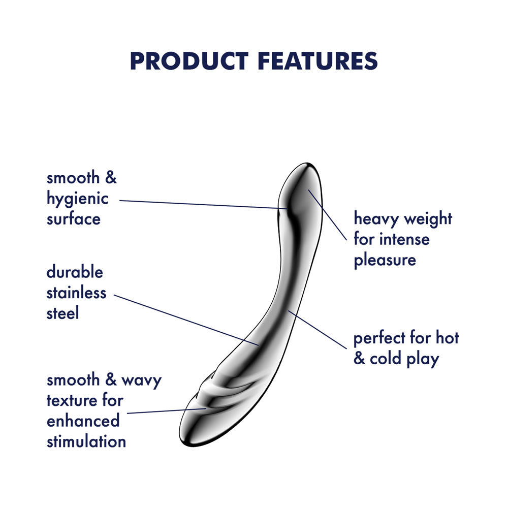 Satisfyer Pure Gravity 3 - Steel 21 cm Dildo features smooth stainless steel, heavy weight for pleasure, and wavy texture for stimulation.
