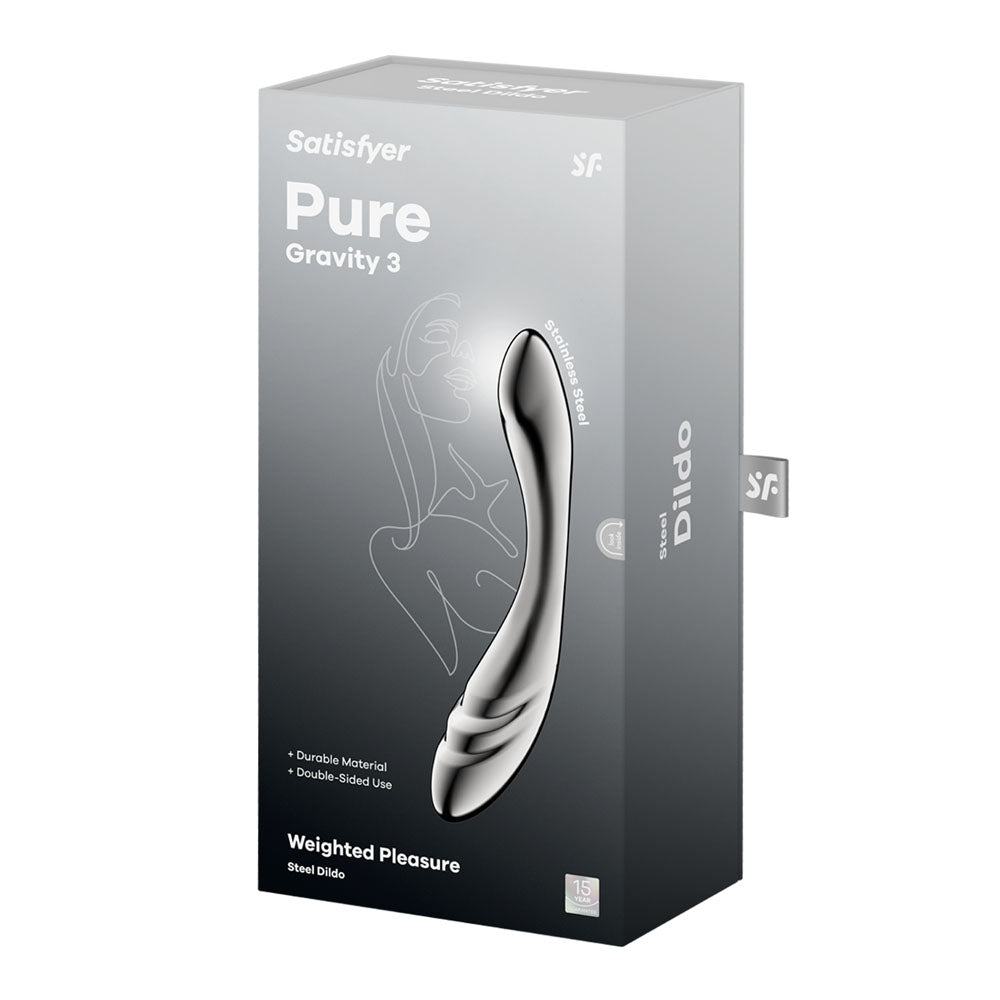 Satisfyer Pure Gravity 3 -  Steel 21 cm Dildo packaging showcasing its sleek design and features.