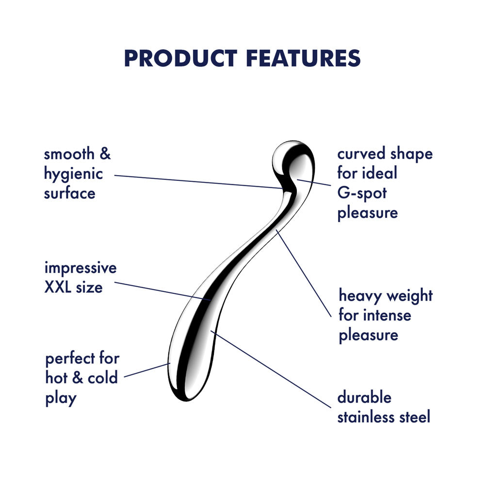 Product features of Satisfyer Star Force 4 - Steel 26 cm Dildo highlighting its smooth surface and curved shape.