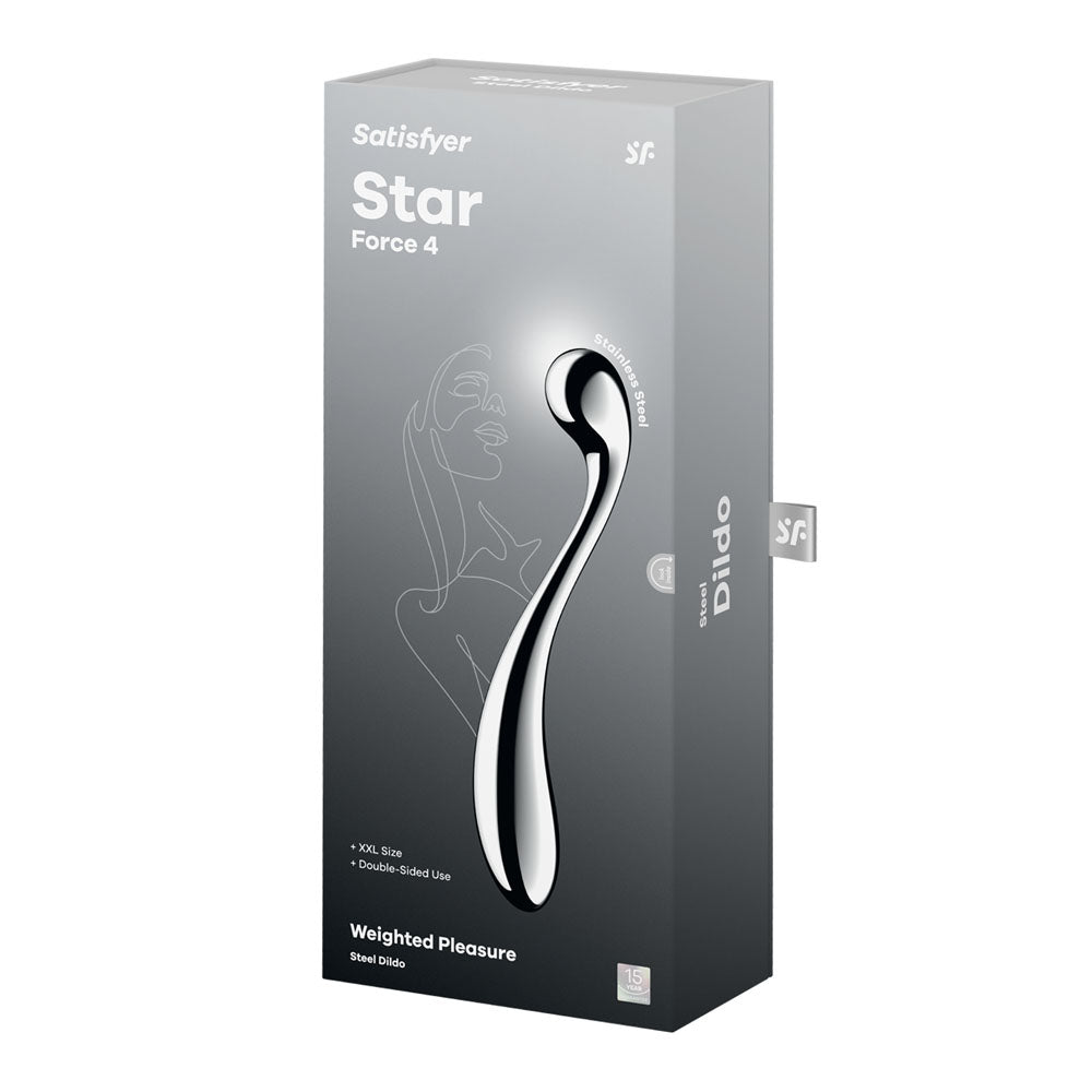 Satisfyer Star Force 4 - Steel 26 cm Dildo packaging featuring a sleek design and description of weighted pleasure.
