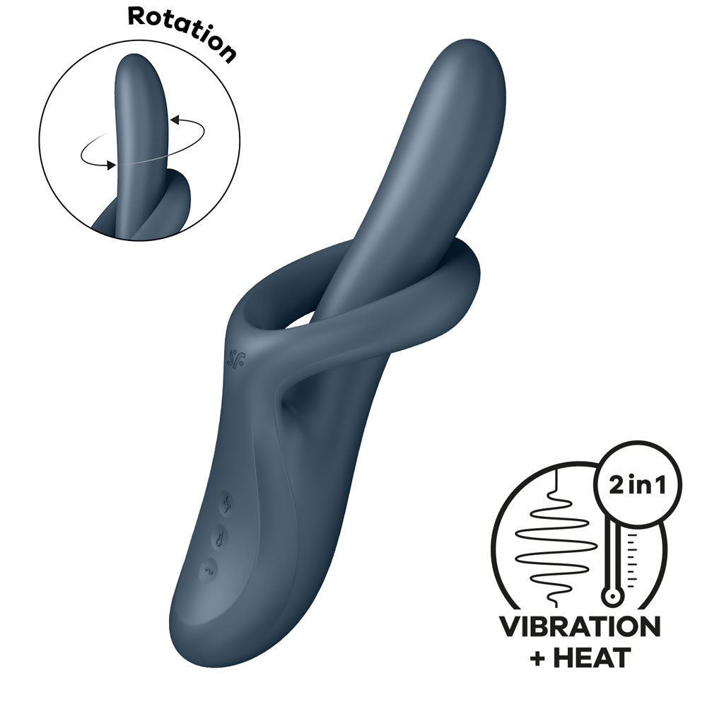 Satisfyer Heat Flex 4 - Grey - Grey USB Rechargeable Heating Vibrator, showcasing rotation and dual vibration plus heat features.