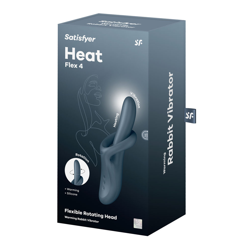 Satisfyer Heat Flex 4 - Grey - Grey USB Rechargeable Heating Vibrator packaging featuring warming and rotating functions.
