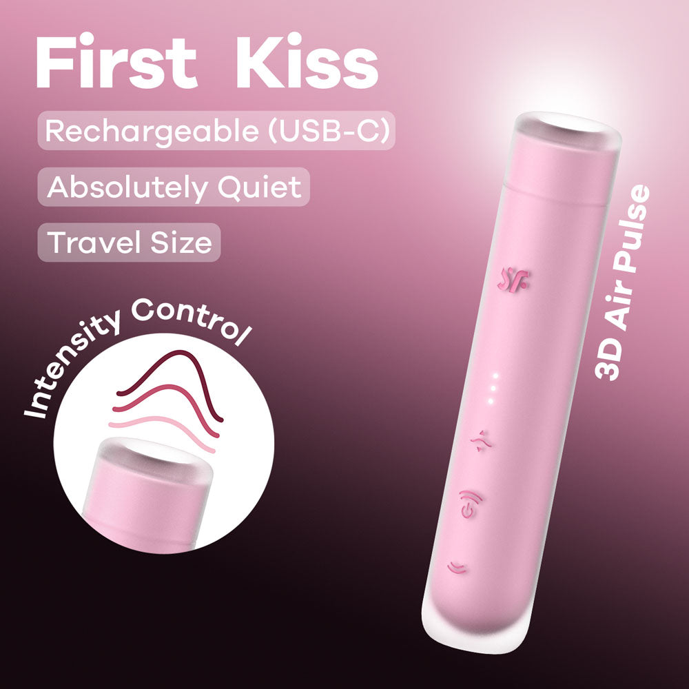 Satisfyer First Kiss - USB Rechargeable Air Pulse Stimulator with intensity control and travel size design.