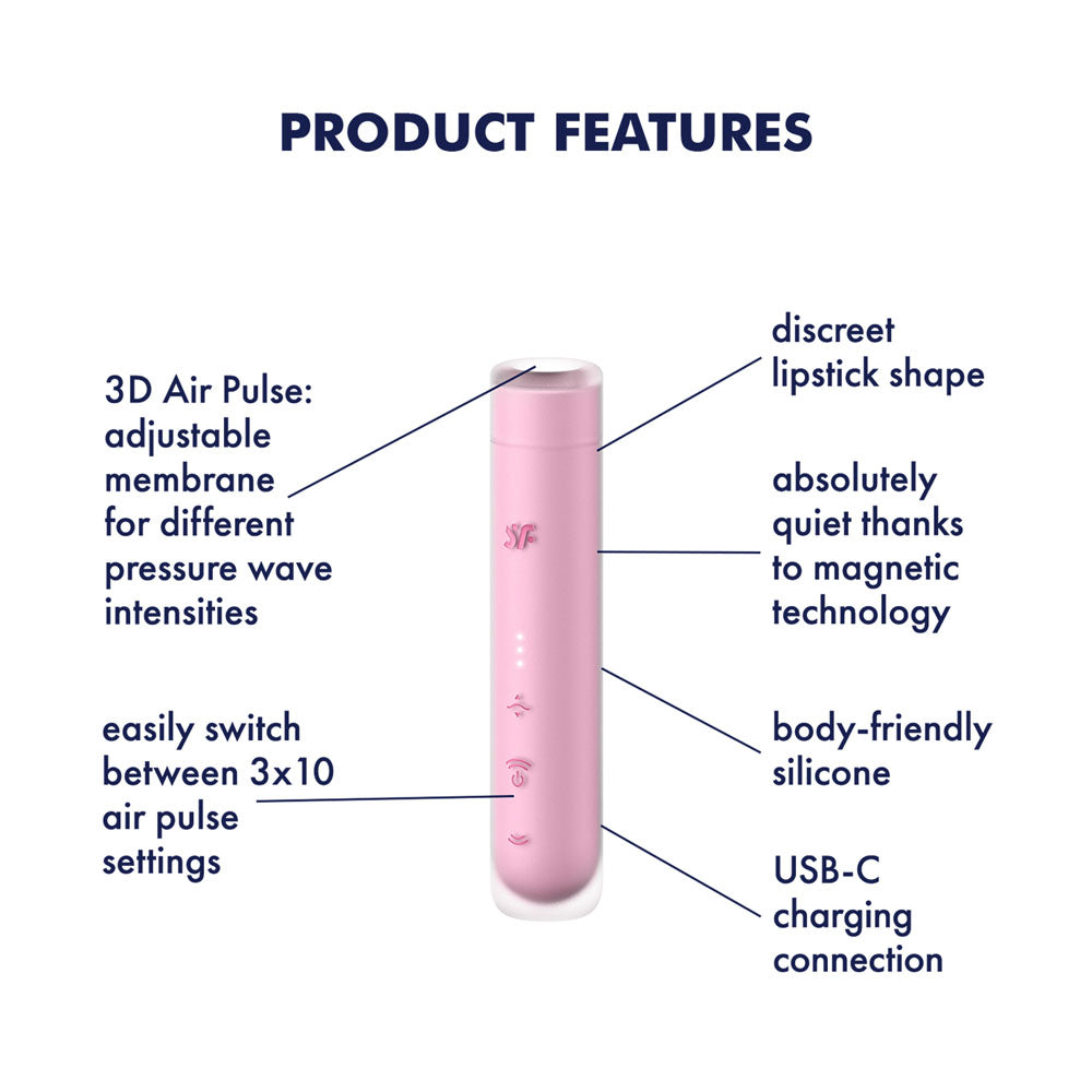 Satisfyer First Kiss - USB Rechargeable Air Pulse Stimulator features 3D air pulse, adjustable silicone, and USB-C charging.