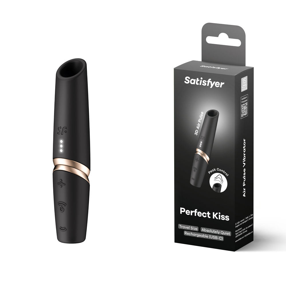 Satisfyer Perfect Kiss - USB Rechargeable Air Pulse Stimulator with sleek design and packaging.