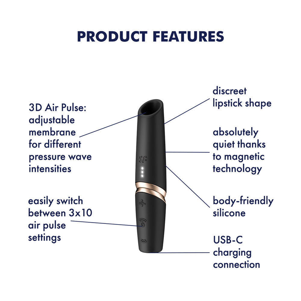 Satisfyer Perfect Kiss - USB Rechargeable Air Pulse Stimulator features, including adjustable membrane and discreet design.