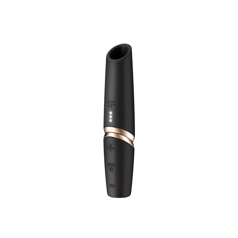 Satisfyer Perfect Kiss -  USB Rechargeable Air Pulse Stimulator in sleek black design with LED indicators.