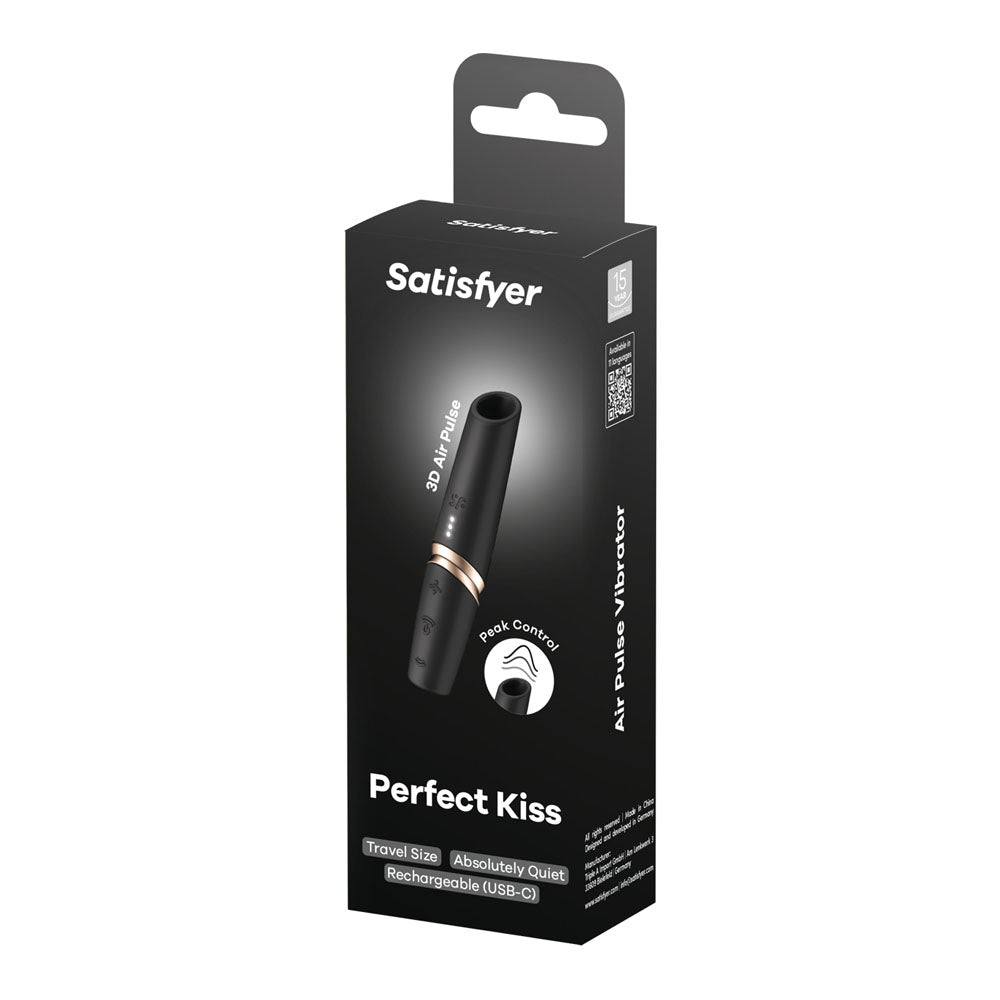 Satisfyer Perfect Kiss -  USB Rechargeable Air Pulse Stimulator packaging showcasing elegant design and travel-friendly features.