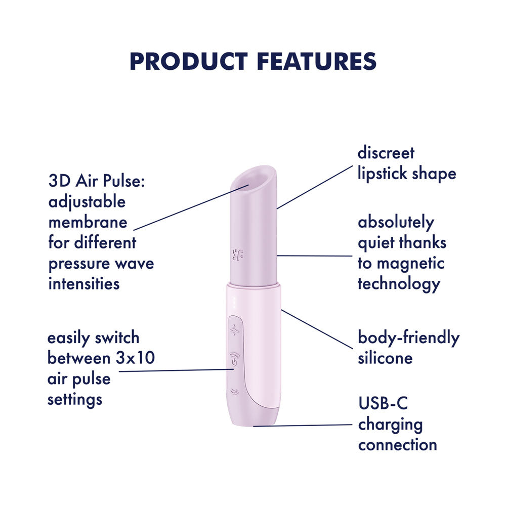 Satisfyer Secret Kiss - Lilac USB Rechargeable Air Pulse Stimulator features 3D Air Pulse, magnetic technology, and USB-C charging.