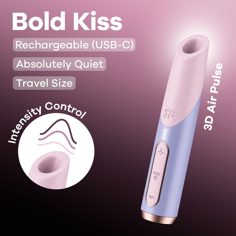 Satisfyer Bold Kiss -  USB Rechargeable Air Pulse Stimulator features 3D air pulse, travel size, and intensity control.