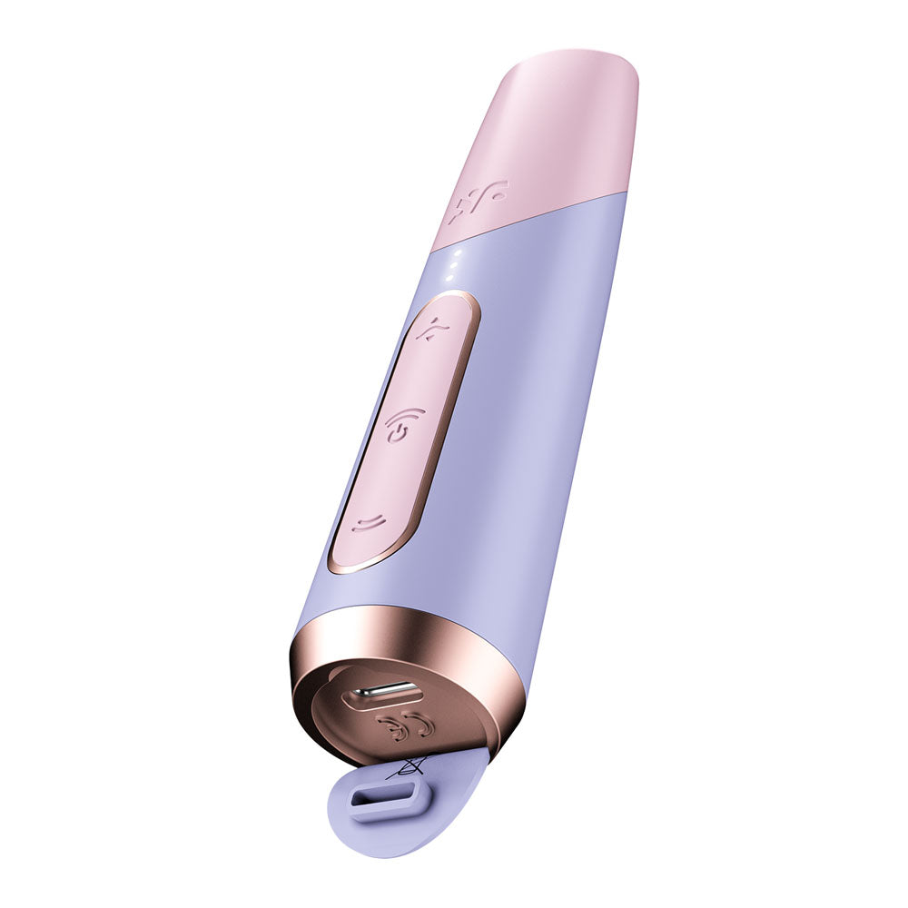 Satisfyer Bold Kiss -  USB Rechargeable Air Pulse Stimulator in pastel colors with charging port and control buttons.