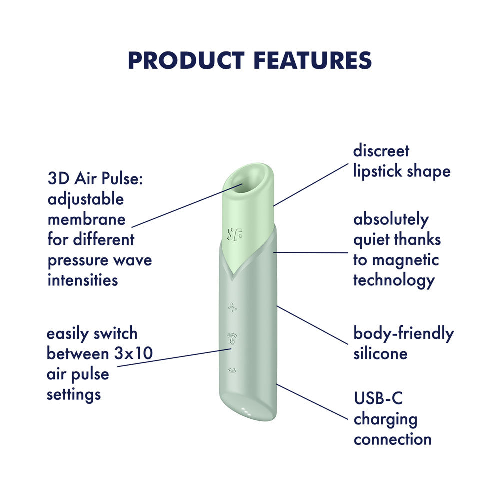 Satisfyer Naughty Kiss - Mint USB Rechargeable Air Pulse Stimulator features 3D Air Pulse and body-friendly silicone design.