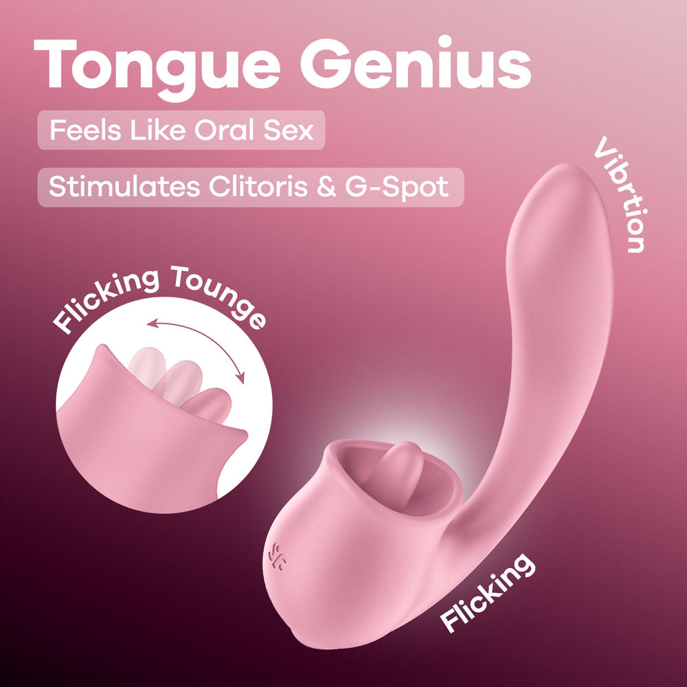 Satisfyer Tongue Genius -  USB Rechargeable Vibrator with Flicking Clit Stimulator, features flicking tongue for intense pleasure.