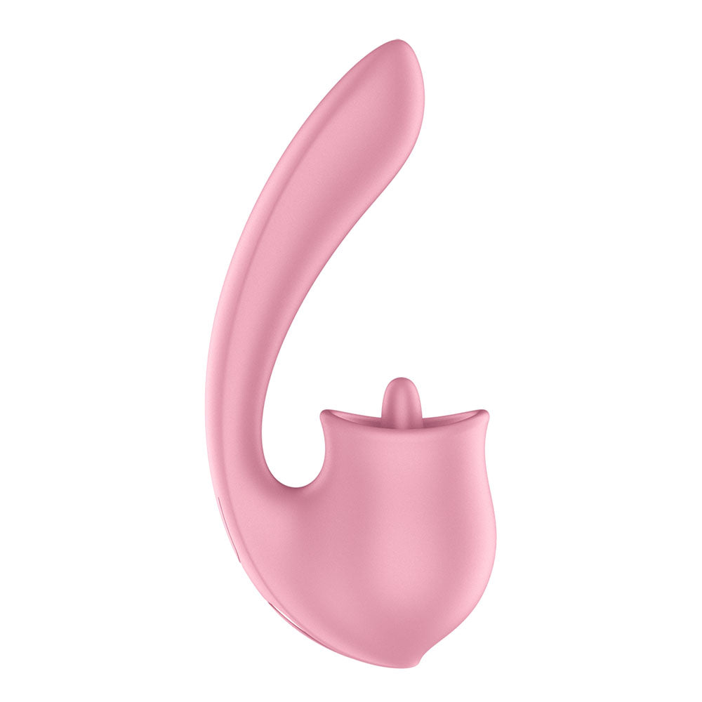 Satisfyer Tongue Genius - USB Rechargeable Vibrator with Flicking Clit Stimulator in pink color, designed for intimate pleasure.