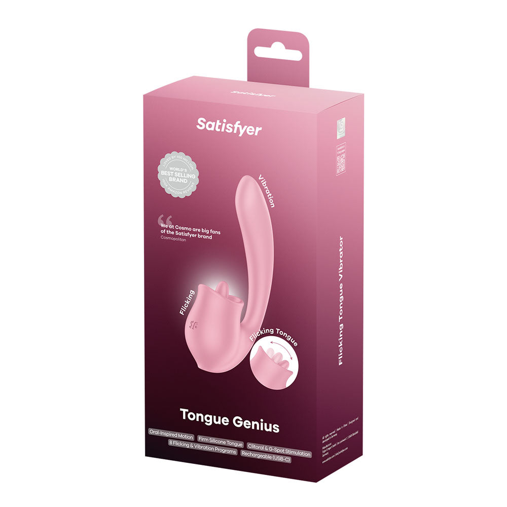 Satisfyer Tongue Genius - USB Rechargeable Vibrator with Flicking Clit Stimulator packaging, showcasing its sensual design and features.
