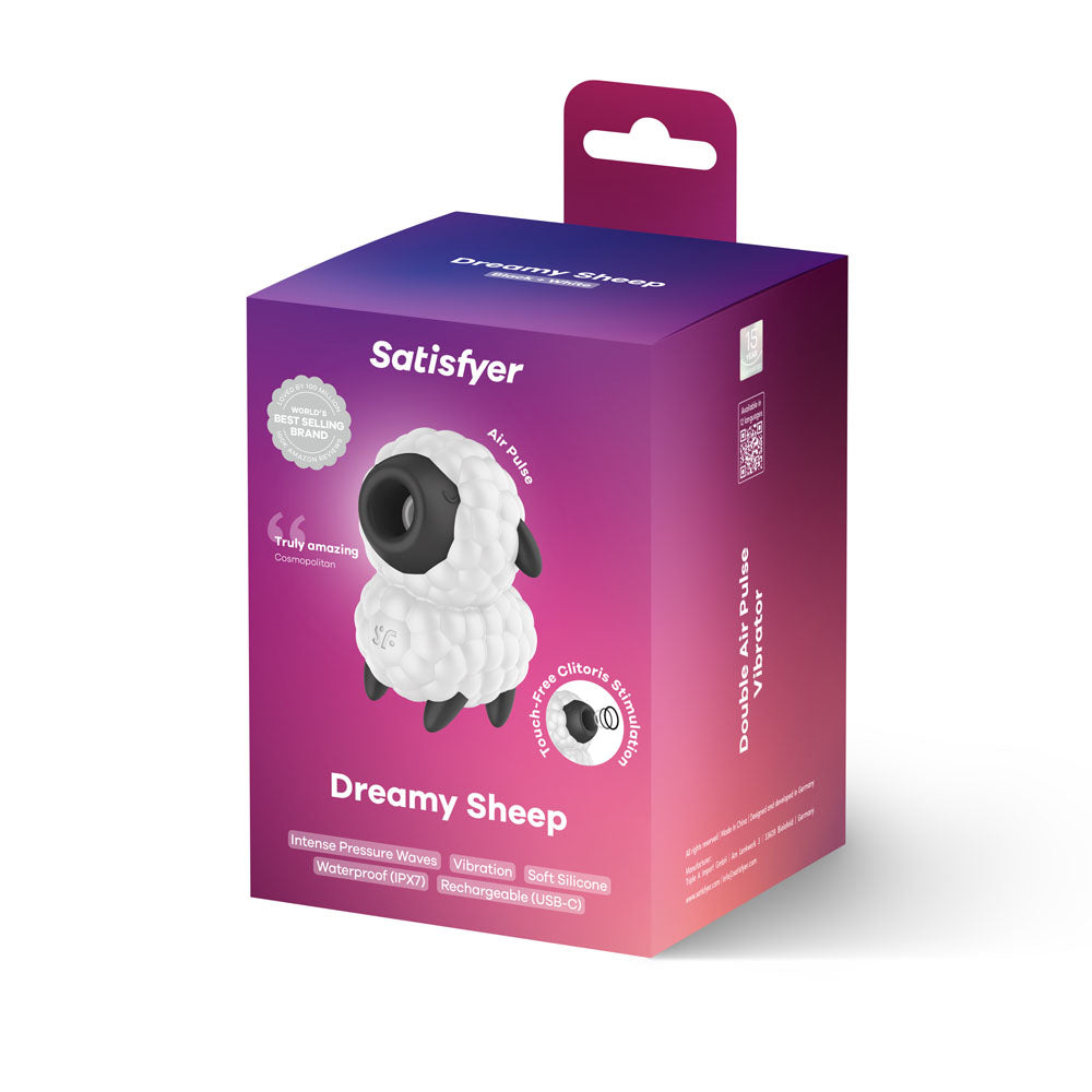 Satisfyer Dreamy Sheep - /Black USB Rechargeable Vibrating Air Pulse Stimulator packaging displayed.