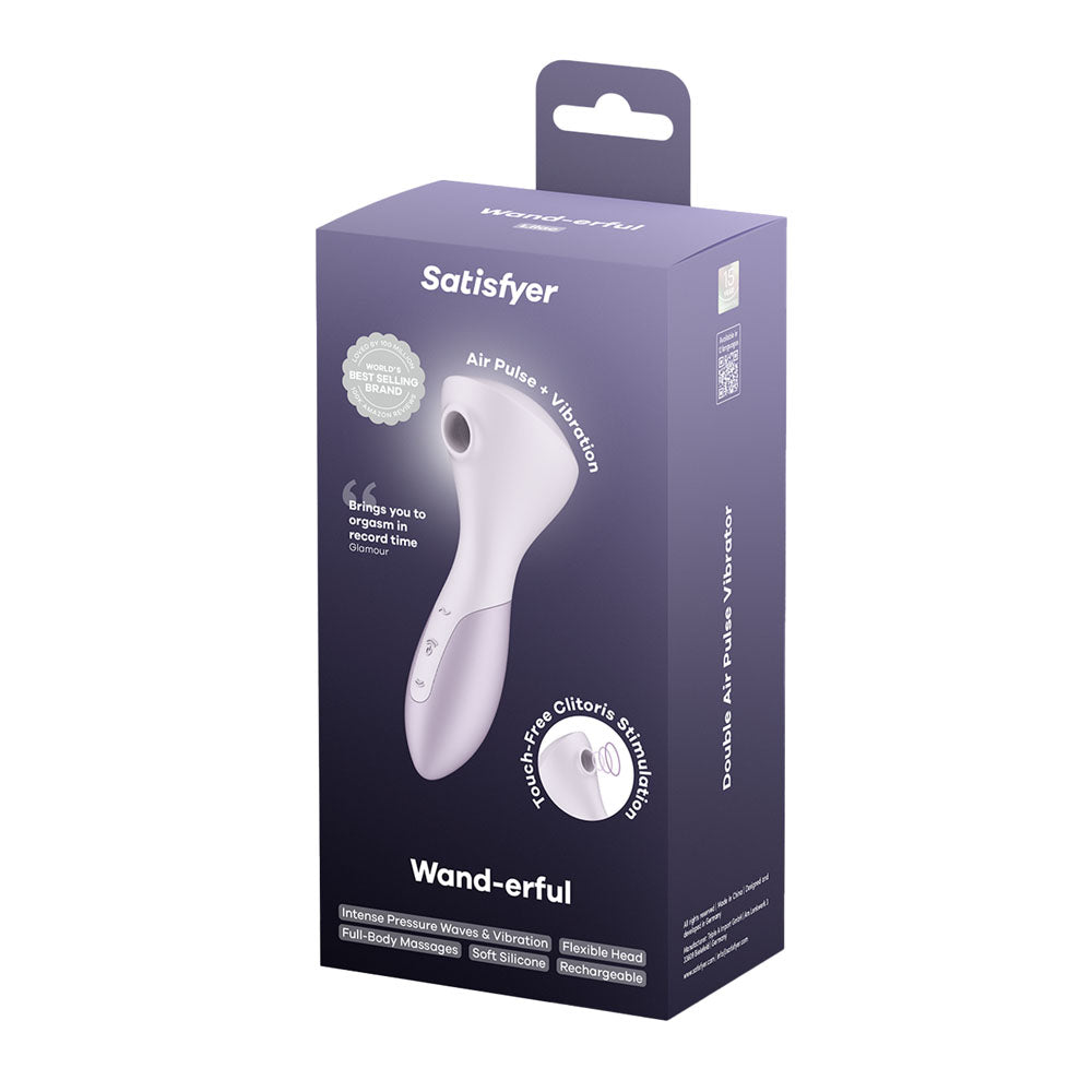 Satisfyer Wand-erful - Violet 15.8 cm USB Rechargeable Air Pulse Massage Wand packaging with air pulse and vibration features.