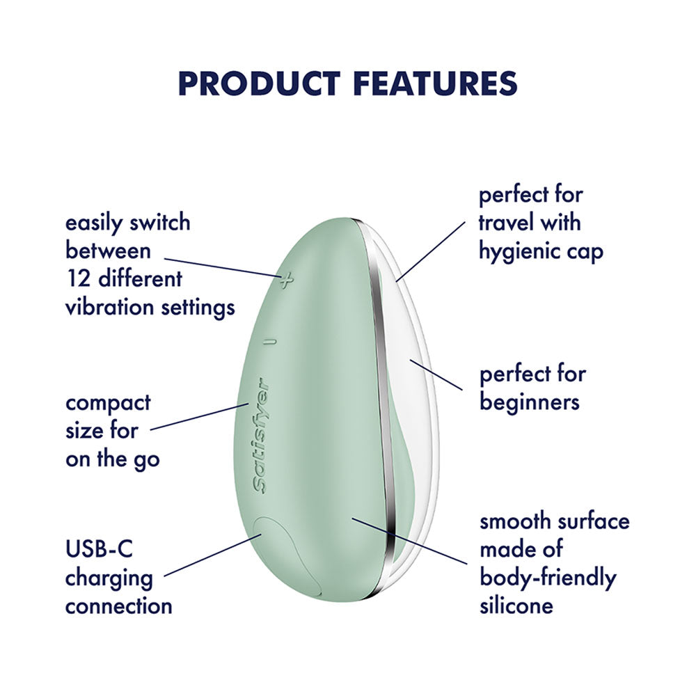 Satisfyer Drop To Go - Mint - Mint USB Rechargeable Clitoral Stimulator product features and benefits infographic