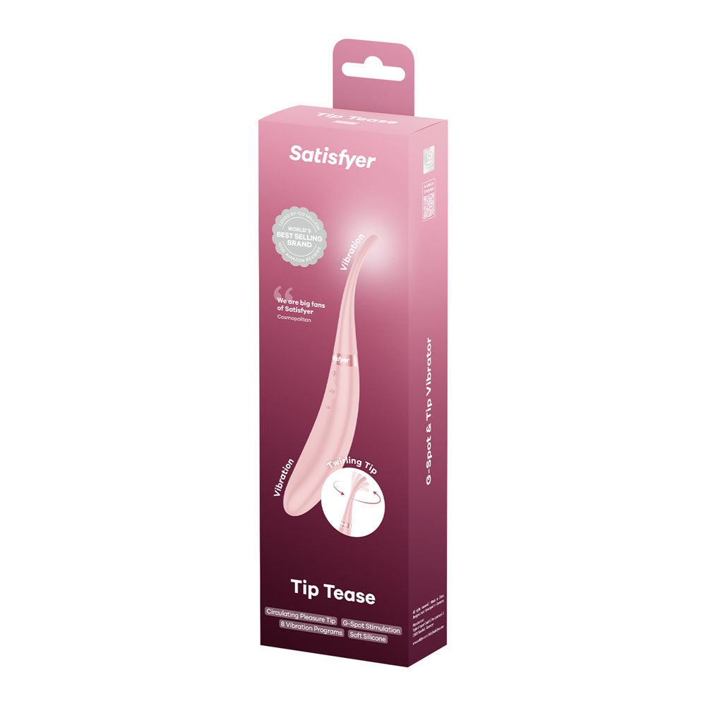 Satisfyer Tip Tease - Rose - Rose USB Rechargeable Vibrator with Twirling Tip packaging displayed on a white background.