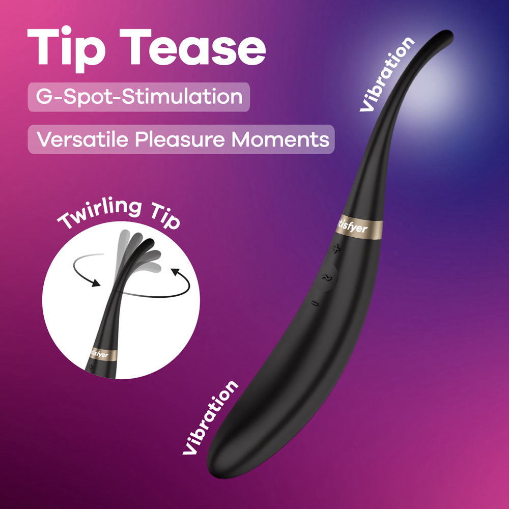 Satisfyer Tip Tease -  -  USB Rechargeable Vibrator with Twirling Tip showcasing its features for G-spot stimulation.