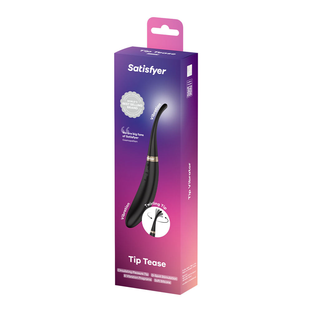 Satisfyer Tip Tease -  -  USB Rechargeable Vibrator with Twirling Tip packaging, showcasing its stylish design.