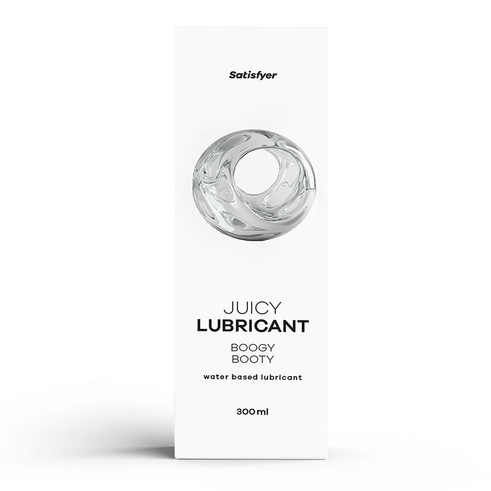 Satisfyer Juicy Lubricant 300 ml Boogy Booty - Water Based Anal Lubricant - 300 ml Bottle packaging front view.