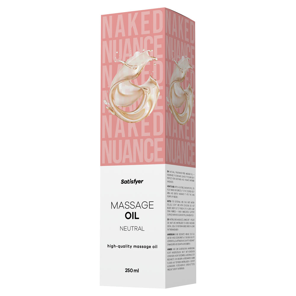 Satisfyer Massage Oil 250 ml Neutral - Unscented Massage Oil - 250 ml Bottle packaging with elegant design.