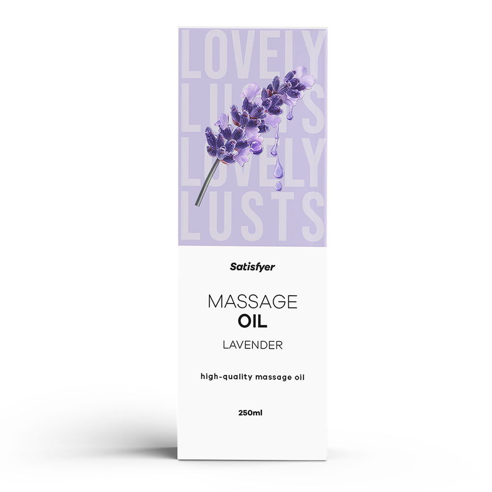 Satisfyer Massage Oil 250 ml Lavender - Lavender Scented Massage Oil - 250 ml Bottle packaging with lavender design.