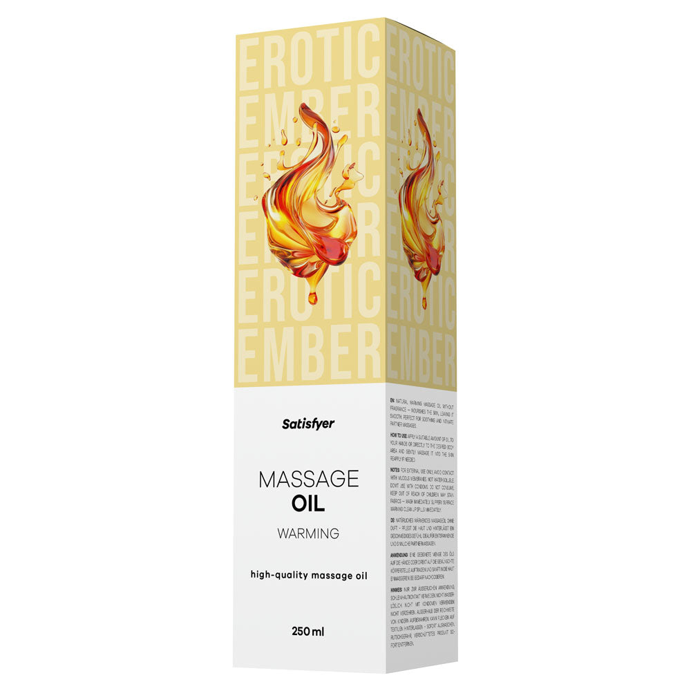 Satisfyer Massage Oil 250 ml Warming - Unscented Warming Massage Oil - 250 ml Bottle packaging for erotic comfort.