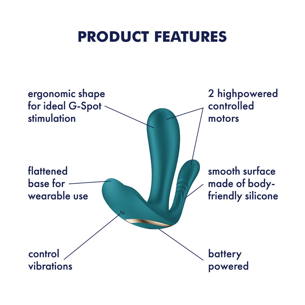 Satisfyer Top Secret + - Battery Series -  Wearable Vibrator product features overview highlighting design and motors.