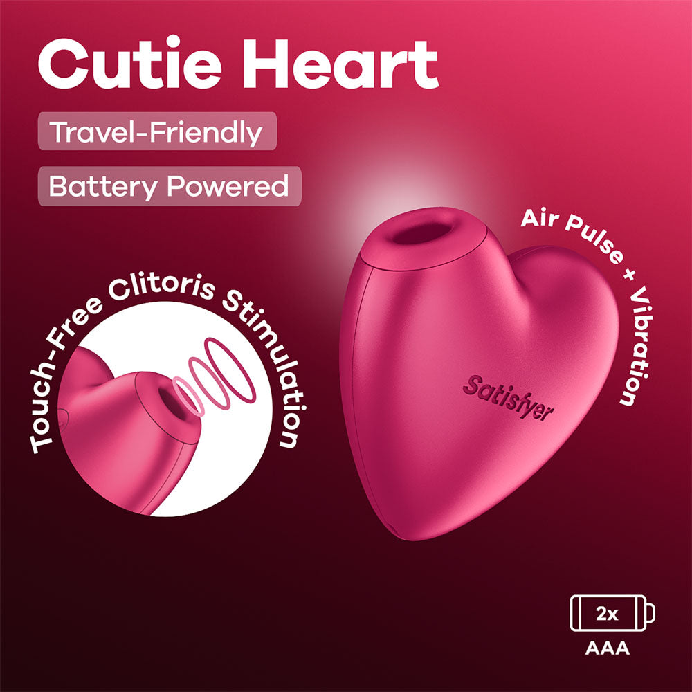 Satisfyer Cutie Heart - Battery Operated - Air Pulsation Stimulator with Vibration image showing heart-shaped design and features.