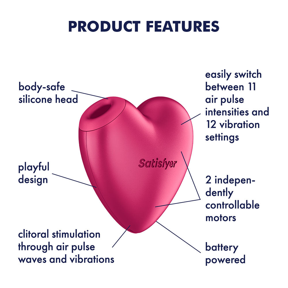 Satisfyer Cutie Heart - Battery Operated - Air Pulsation Stimulator with Vibration features and design details.