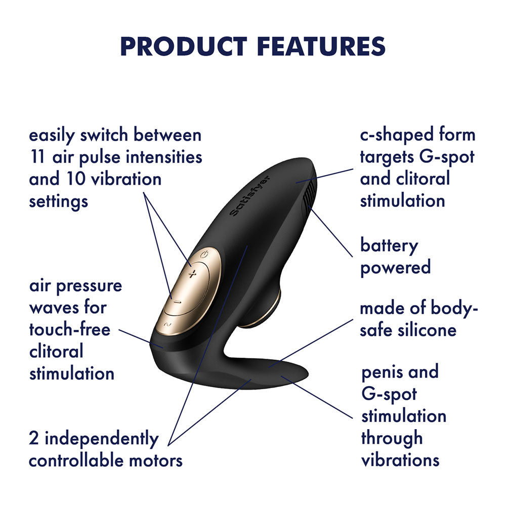 Satisfyer Pro 4 Couples - Battery Series - U-Shaped Couples Vibe with Air Pulsation product features overview.