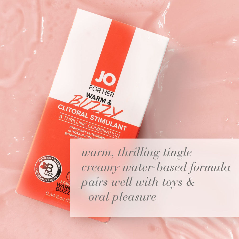 JO Warm & Buzzy Clitoral Stimulant Gel packaging, warming clitoral stimulant gel for exciting sensations and pleasure.