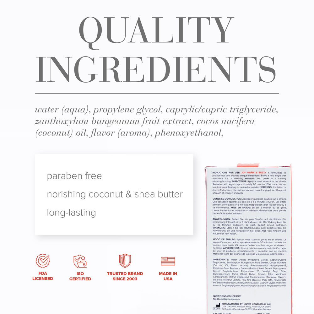 Quality ingredients list for JO Warm & Buzzy warming clitoral stimulant gel, including coconut and shea butter.