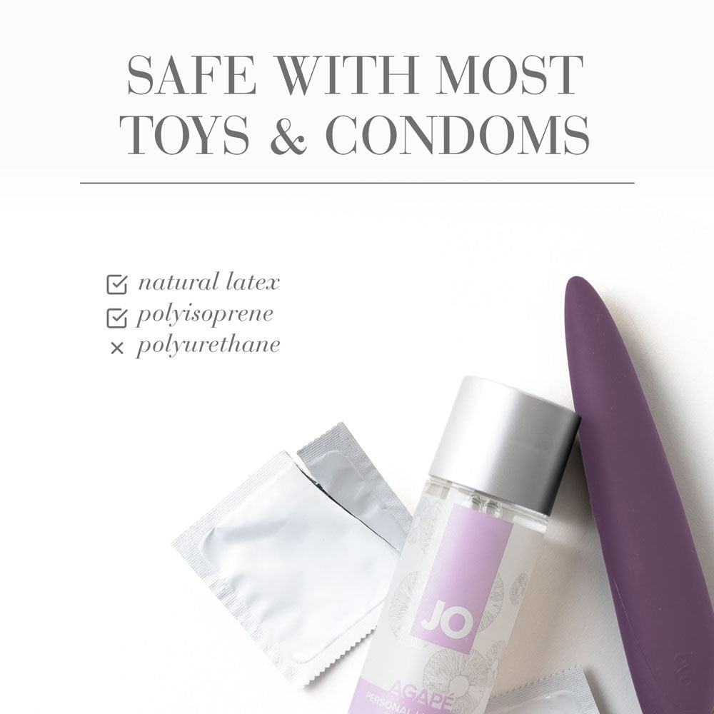 JO Agape Original Lube - 120 mL - Water Based Lubricant for Sensitive Skin - 120 ml Bottle with safe toy and condom info.