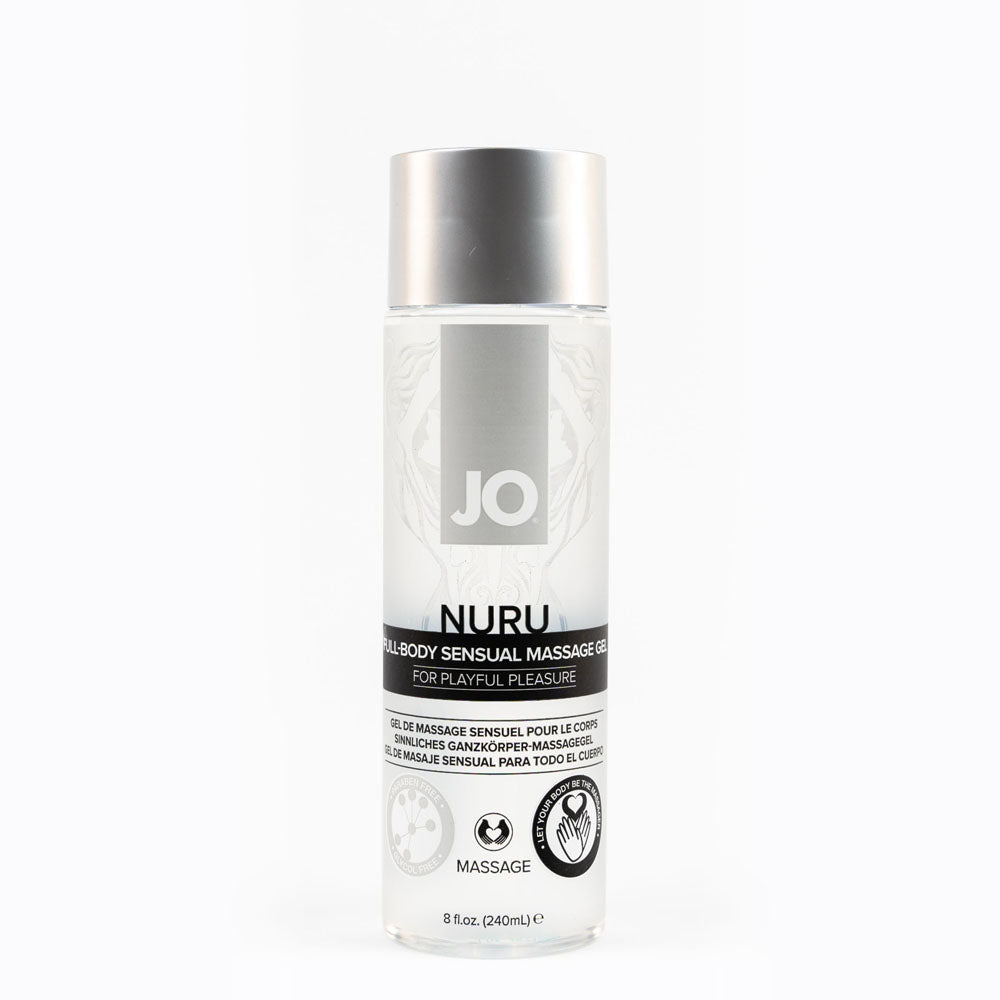 JO Nuru Massage Gel bottle, 240ml, water-based lubricant for sensual Nuru massage.